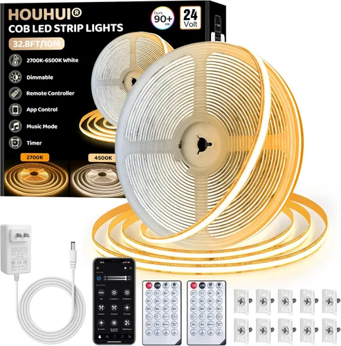 Tira de luces LED COB blancas de 32.8 pies, 2700K-6500K CCT tira de luz blanca sintonizable con control remoto y aplicación, CRI90+ 24V regulable