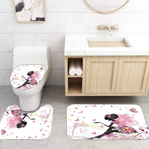Miniatura 3 de Juego de 4 cortinas de ducha con diseño de hada de flores y mariposas para baño, tapete de contorno para baño, cubierta de inodoro, tela
