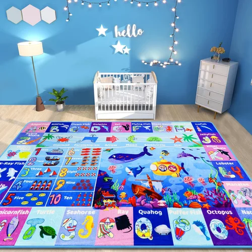 Miniatura 18 de Alfombra interactiva de aprendizaje del mundo oceánico de 3 pies 3 pulgadas x 5 pies con ABC, animales marinos, números y formas para niños pequeños