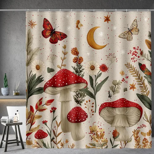 Miniatura 18 de Aimego Cortina de Ducha Pequeña para Cabina - Lindo Hongo Retro Boho Floral de los Años 70 Planta Funky Groovy Flores Hippie Estrecha Media Tela