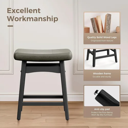 Miniatura 5 de MAISON ARTS Juego de 4 taburetes de bar grises para encimera de cocina, patas de madera maciza con asiento de silla de montar de piel sintética