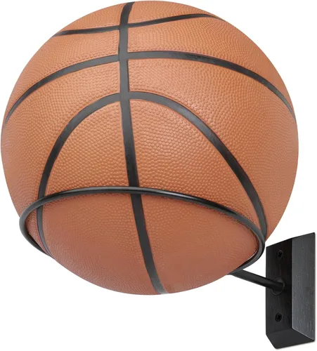 Miniatura 5 de Soporte de pared para baloncesto VIVTOB, soporte de pared para pelota de 7 pulgadas con base de madera maciza de nogal negro y anillo de metal