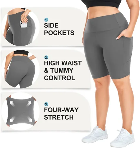 Miniatura 10 de MOREFEEL Pantalones cortos de ciclismo de talla grande de 8 pulgadas con bolsillos para mujer, cintura alta, control de abdomen, pantalones cortos