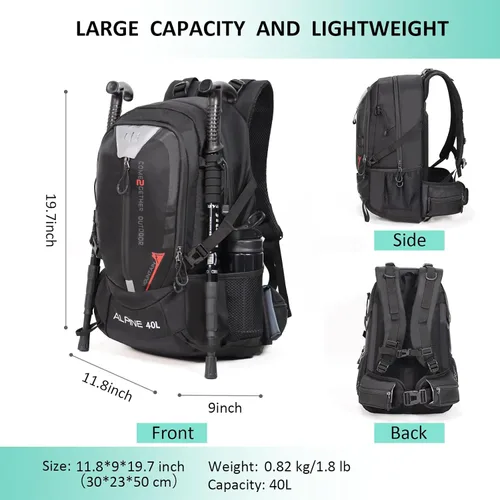 Miniatura 2 de Mochila de senderismo para acampar 40L al aire libre, mochila de viaje ligera con cubierta de lluvia para mujeres y hombres (negro)