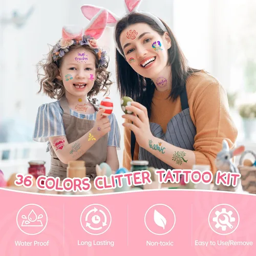 Miniatura 4 de Kit de tatuaje temporal con purpurina para niños, 220 plantillas, más de 70 calcomanías para niños, 36 colores de purpurina, 3 pegamento, 5