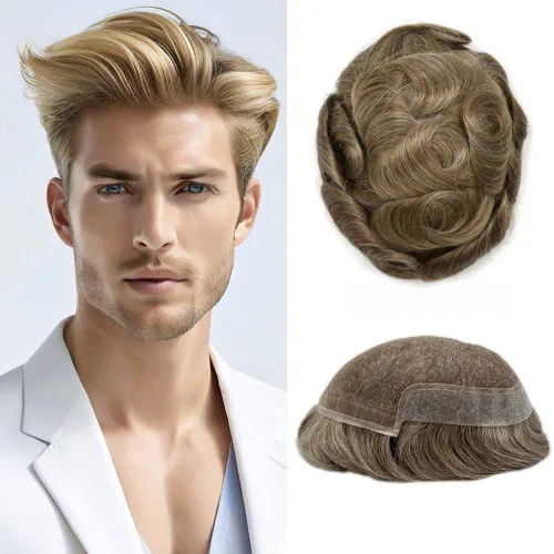 Miniatura 77 de Tupé para hombres, piezas de cabello humano real para hombres, sistema de cabello, encaje francés, polivinílico, extensiones de pelo para hombre