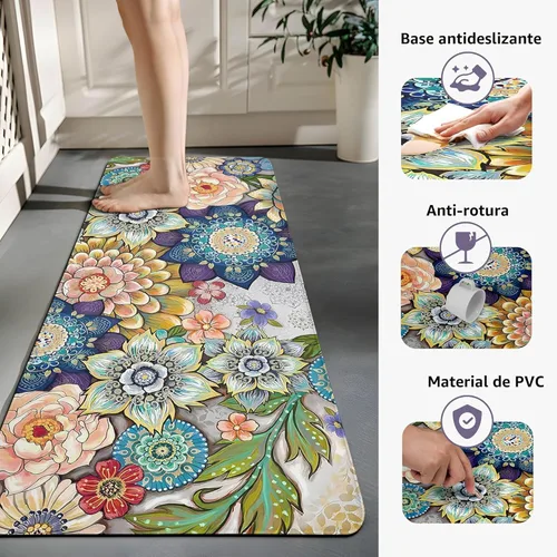 Miniatura 3 de Alfombras de Cocina Florales para Suelo de 2 Piezas con Flores Alfombras de Cocina Anti Fatiga Antideslizantes Acolchadas Cómodas para Estar de Pie