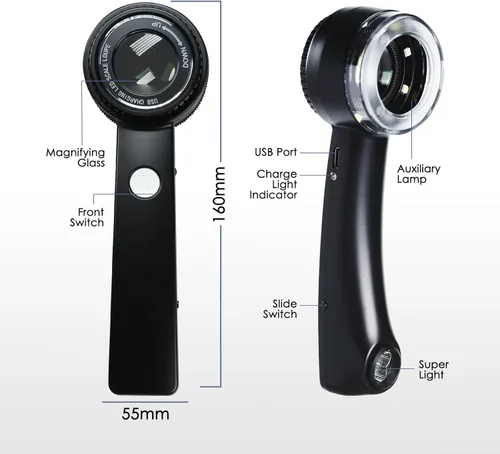 Miniatura 6 de Lupa de lupa recargable de mano con luz LED, escala, lente K9 y 3 fuentes de luz fuertes, lupa de longitud focal ajustable, lupa de joyería