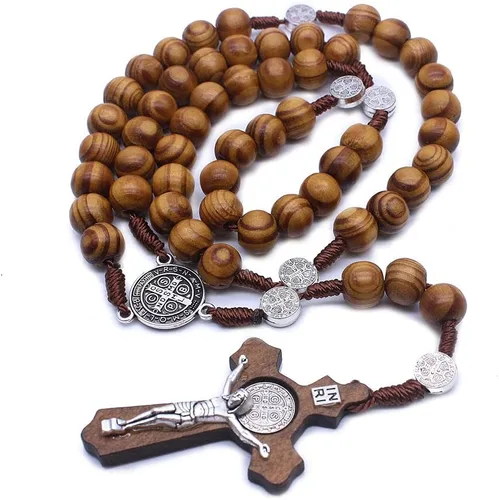 Miniatura 2 de Faith & Gospel Hertos - Collar con cuentas de madera para rosario, medalla de San Benito y cruz católica, cuerda de coronilla de oración religiosa