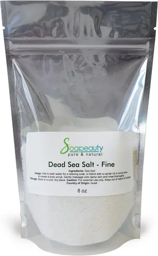 Soapeauty La sal del mar muerto de 8 onzas de grano fino es 100 % natural y pura utilizada en remojo de sales de baño, exfoliante de sal facial,
