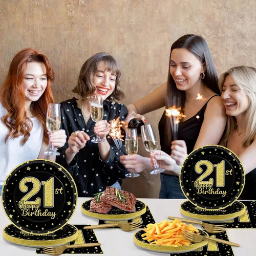 Miniatura 7 de 200 piezas de suministros para fiesta de cumpleaños de 21 años, platos de papel negro dorado, Brindis por 21 años, platos de papel y servilletas