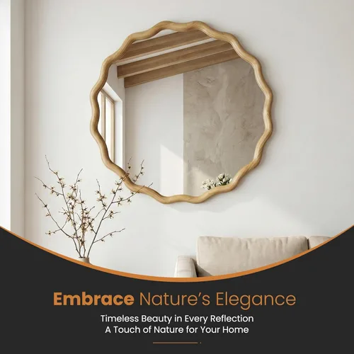 Miniatura 7 de Espejo de baño para pared, 24 pulgadas, redondo, bohemio, ondulado, de madera, espejo decorativo grande de cuerpo entero con vidrio templado, espejo