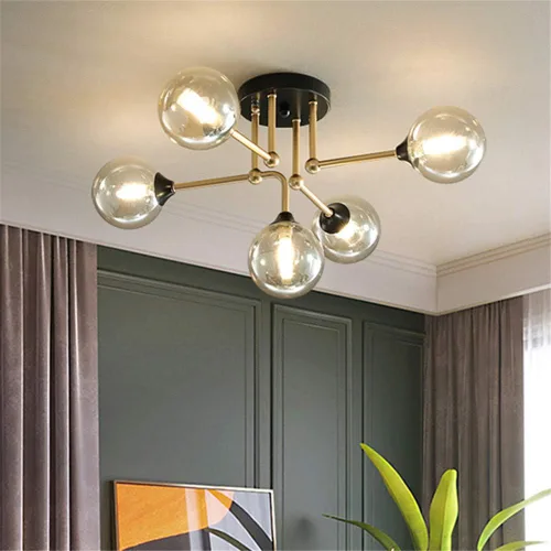 Miniatura 4 de RUNNUP Esfera de cristal transparente semi empotrada iluminación moderna 5 luces cerca de la lámpara de techo para dormitorio, pasillo, cocina y Oro