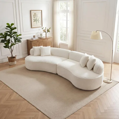 Miniatura 11 de Sofá modular curvado de 110 pulgadas para sala de estar, moderno sofá modular de felpa de felpa de gran tamaño con asiento profundo comprimido sin