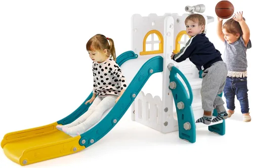 BABY JOY Tobogán para niños pequeños, juego de tobogán 6 en 1 para interiores con aro de baloncesto, telescopio, escalera de escalada y espacio de