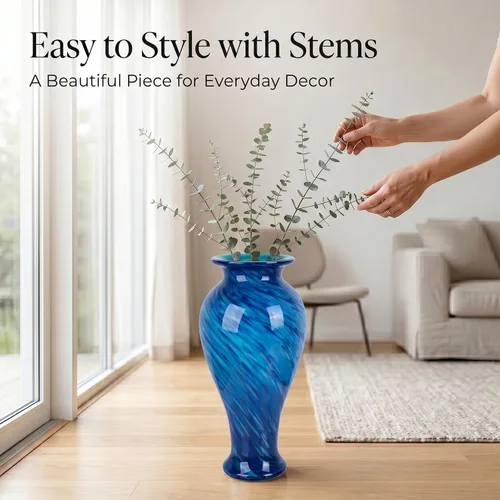 Miniatura 6 de Jarrón de vidrio azul de 20 pulgadas de alto soplado a mano para decoración del hogar, bonito y moderno jarrones de flores azul oscuro, jarrones