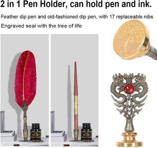 Miniatura 4 de Juego de Pluma y Tinta, Juego de Tinta de Pluma de Pluma Incluye Pluma de Pluma y pluma de inmersión de madera, Tinta, 17 Puntas de Repuesto, Base