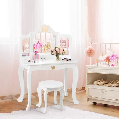 Miniatura 12 de HONEY JOY Tocador Infantil, Juego de Mesa y Silla de Maquillaje Temática de Corona para Niños con Cajón y Espejo Plegable, Espejo Desmontable, Juego