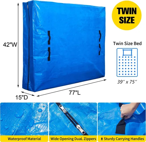 Miniatura 2 de Bolsa de colchón de tamaño individual para mudanzas, reutilizable, bolsa de almacenamiento de colchón impermeable de lona resistente, bolsa