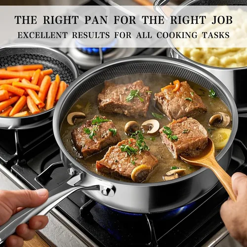 Miniatura 4 de Juego de utensilios de cocina VONIKI de acero inoxidable tricapa híbrido, juego de ollas y sartenes antiadherentes con cesta para cocinar al vapor