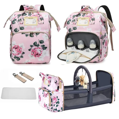 Miniatura 9 de GurZinn Mochila para pañales con cambiador portátil, mochila multifunción 3 en 1, mochila de viaje para mamá, cochecito rosa
