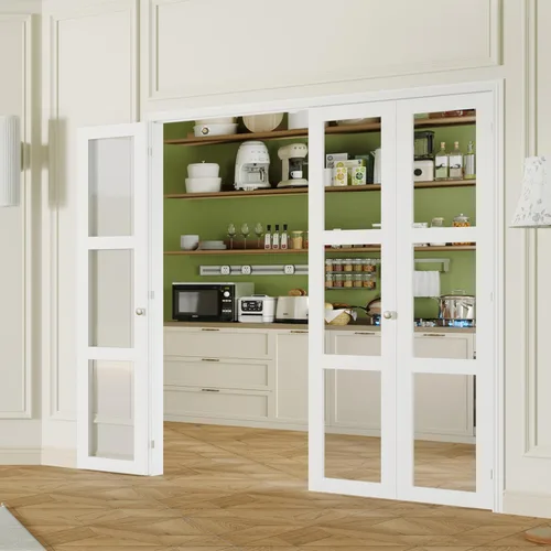 Miniatura 32 de Puerta plegable de 180 grados, para aberturas de 30 ″ x 80 ″, puerta plegable esmerilada blanca 3-Lite con bisagras, juego de herrajes para puertas