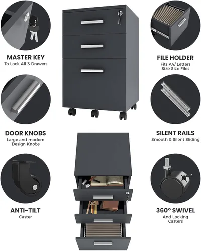 Miniatura 5 de Lazio Archivador de 26 pulgadas con cerradura, archivador para el hogar y la oficina, archivador de 3 cajones con ruedas para cartas de tamaño A4