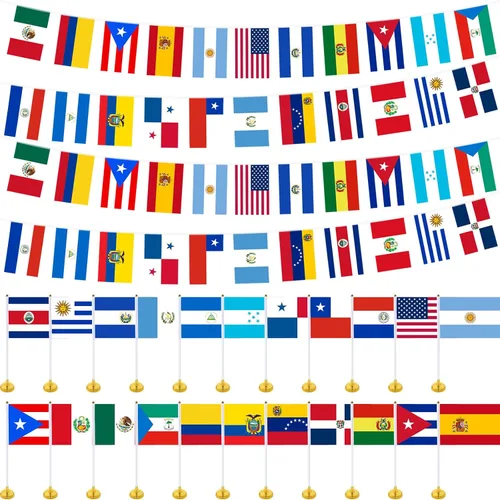 Preboun Juego de 66 banderas de habla hispana de 22 países, 22 banderas de mano con base de soporte, 2 juegos de banderas latinas de América Latina