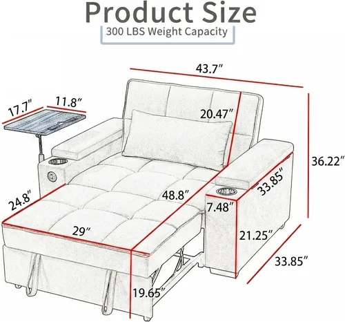 Miniatura 2 de Sofá cama convertible 3 en 1, sofá extraíble con puertos USB, portavasos y reposabrazos de almacenamiento, silla de dormir con mesa auxiliar