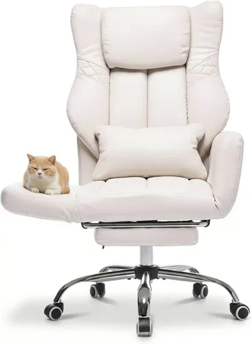 Silla de oficina ejecutiva de respaldo alto con reposapiés, piel sintética reclinable, soporte lumbar, estilo entrecruzado, reclinación de 155° Beige