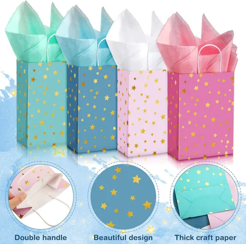 Miniatura 3 de Pajean Paquete de 32 bolsas de regalo de fiesta con temática de estrellas con asa, mini bolsas de regalo de papel kraft con pañuelos, suministros