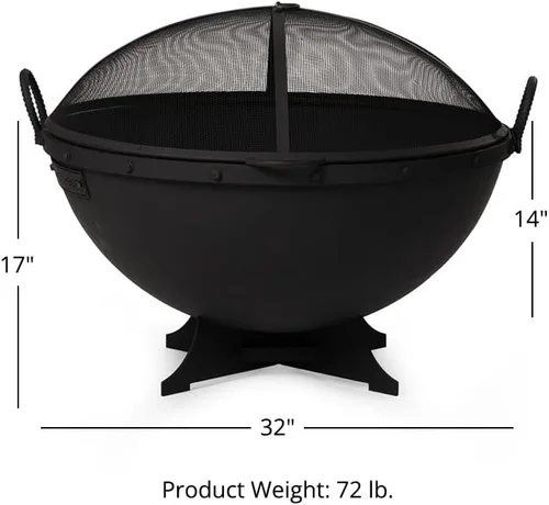 Miniatura 2 de Ash & Ember - Hoguera hemisferio de 32 pulgadas con pantalla y póster, cuenco de fuego de pintura negra de alta temperatura de hierro fundido