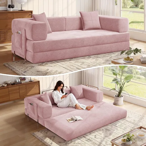 Miniatura 15 de MoonSpeak Sofá cama de 78.8 pulgadas para sala de estar, sofá modular convertible con almohada para reposabrazos, sofás modulares plegables de pana