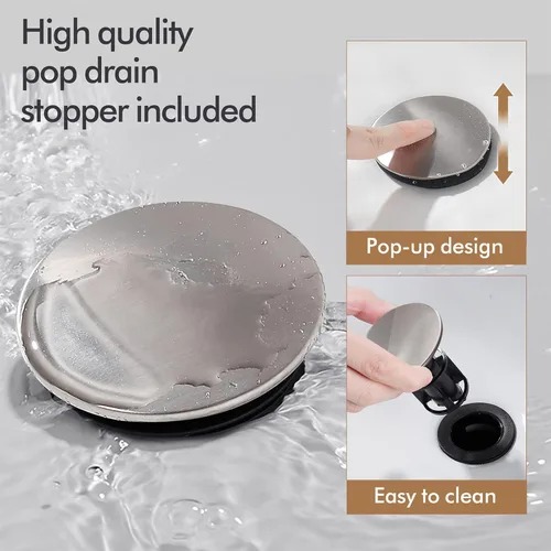 Miniatura 5 de Fransiton Grifo de baño de cascada de níquel cepillado, grifo de lavabo de una sola manija de 1 o 3 agujeros, grifo de lavabo con cubierta y drenaje