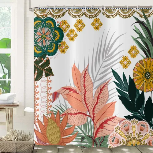 Miniatura 17 de Cortina de ducha bohemia y chic, cortina de baño moderna con hojas tropicales abstractas y ramas botánicas doradas, para decoración del hogar, tela
