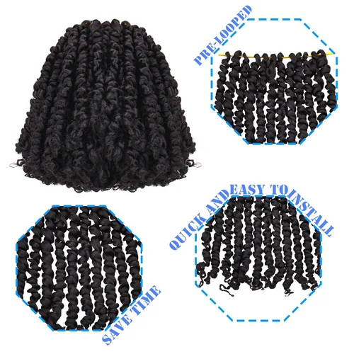 Miniatura 4 de Paquete de 8 paquetes de cabello de ganchillo Passion Twist de 6 pulgadas, rizos bohemios pretrenzados previamente trenzados, negro natural 1B