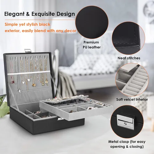 Miniatura 3 de Joyero joyero para mujeres y hombres con piel sintética organizador de joyas grande de 2 capas con cerradura para collares pulseras aretes anillos