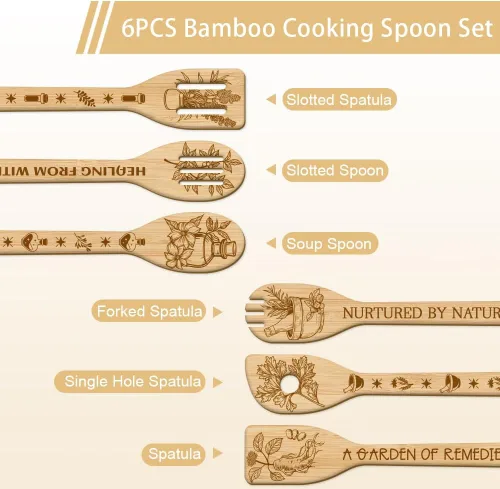 Miniatura 2 de GLOBLELAND Juego de 6 cucharas de madera a base de hierbas, juego de utensilios de cocina de bambú para refinar tallado de bambú, juego de espátulas