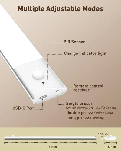 Miniatura 8 de Iluminación para debajo del gabinete, luz inalámbrica con sensor de movimiento para interiores, luces de barra de cocina recargables de 12 pulgadas