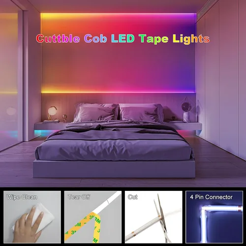 Miniatura 8 de Tira de luces LED de 20 pies COB Smart IC, luces LED RGB de 24V para dormitorio con control remoto RF, botón de aplicación inteligente