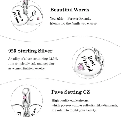 Miniatura 5 de JIAYIQI Dijes de Madre Hermana Hija Esposa que se Ajustan a Pulseras de Dijes y Collares con Dijes de Doble Corazón de Amor Cuentas de Plata de Ley