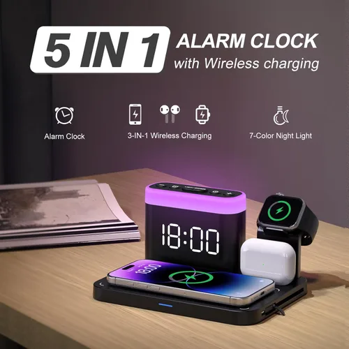 Miniatura 2 de ANJANK Estación de carga inalámbrica, soporte de cargador múltiple 5 en 1 con reloj despertador, 7 luces nocturnas, base de carga Mag-Safe