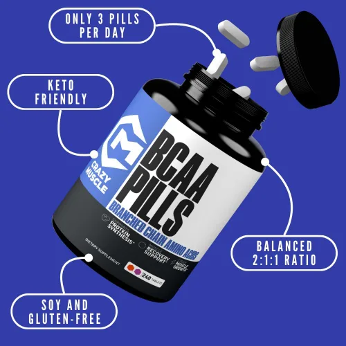 Miniatura 2 de Crazy Muscle Píldoras BCAA de 3000 mg (suministro de 2 meses) con la proporción óptima de 2:1:1 de aminoácidos de cadena ramificada