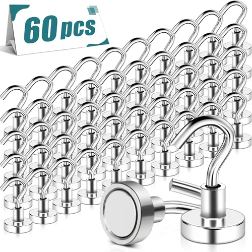 Miniatura 7 de MAGXCENE 50 ganchos magnéticos resistentes, 3 ganchos magnéticos de tierras raras fuertes de diferentes tamaños para colgar, refrigerador, imanes
