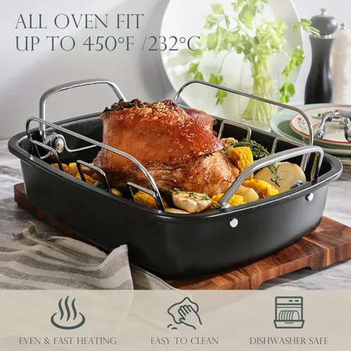 Miniatura 3 de KITESSENSU Sartén antiadherente para asar pavos con estante de 17 x 14 pulgadas, sartén grande para asar pollo para horno, asas más anchas