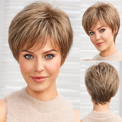 EMMOR Pelucas cortas rubias marrones para mujer, cabello humano simulado de fibra viscoelástica, peluca rizada con flequillo, cabello natural para