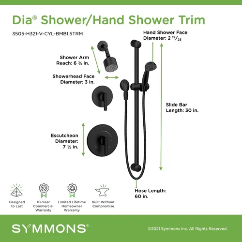 Miniatura 3 de Symmons 3505-H321-V-CYL-BMB1.5TRM - Moldura de ducha de 2 manijas con 1 pulverizador de ducha de mano en negro mate (válvulas no incluidas)