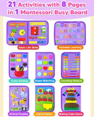 Miniatura 3 de Exorany Tablero Ocupado Juguetes Montessori para Niños Pequeños Niño Niña Regalos de Cumpleaños, Libro Ocupado Juguetes de Aprendizaje Sensorial
