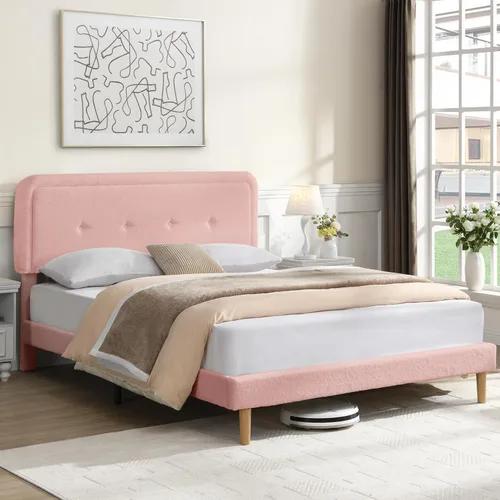 Miniatura 6 de Base de cama de tamaño matrimonial con cabecera ajustable, moderna cama tapizada suave y bonita con tela de bucle, marco de cama para niñas, fácil