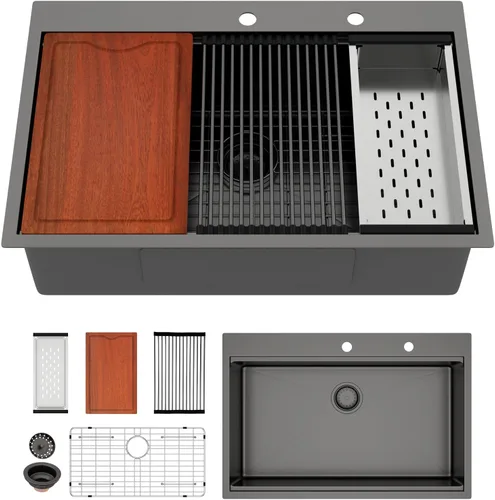 Miniatura 11 de Fregadero de cocina negro de 30"x19", estación de trabajo con revestimiento nano, acero inoxidable 304 calibre 16, hecho a mano, montaje superior
